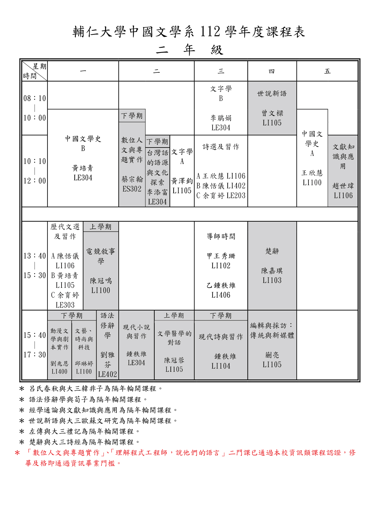 112 學年度課程表一年級 一年級